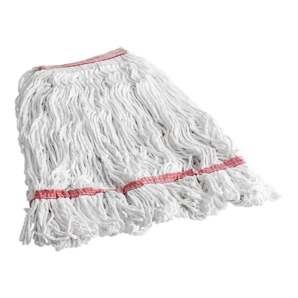 A white Lavex wet mop with red trim.