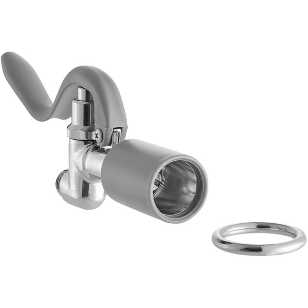 A close-up of a silver pre-rinse spray valve with a ring and hose.
