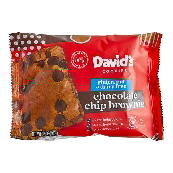 A package of David's Cookies gluten-free chocolate chip brownies on a table.