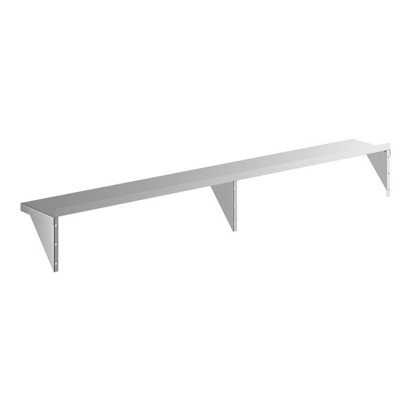 A long, solid stainless steel wall shelf with three supporting brackets.