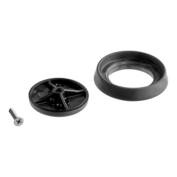 A black rubber ring with a screw and a black circular object.