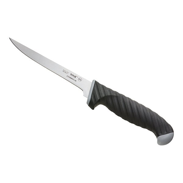 A Schraf narrow boning knife with a black TPRgrip handle and silver blade.