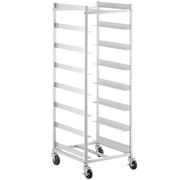 A silver metal Steelton glass rack cart with shelves and wheels.
