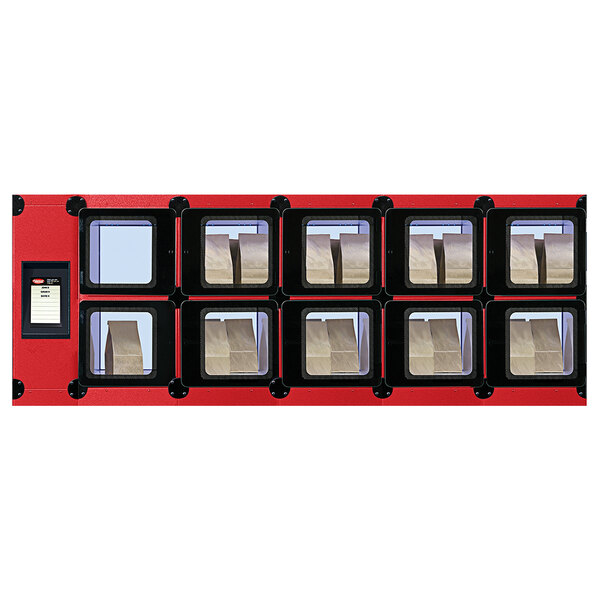 A red and black Hatco Flav-R 2-Go pickup locker system with several rectangular boxes inside.