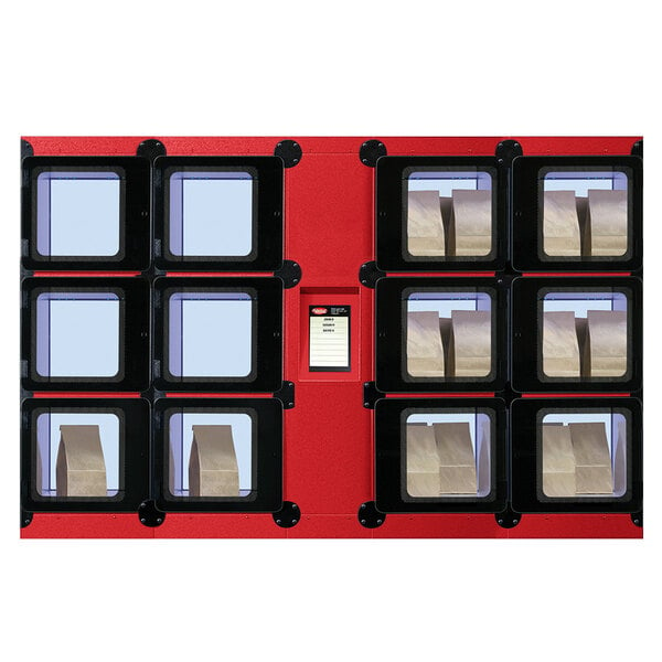 A red Hatco Flav-R 2-Go pickup locker with black squares.