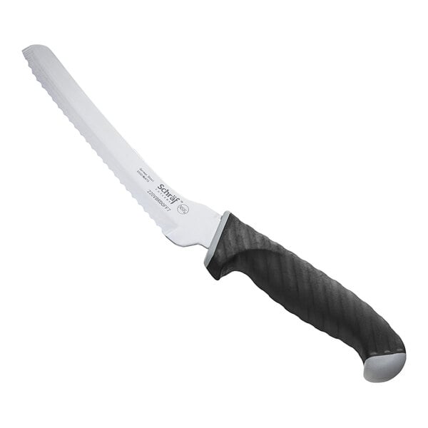 A Schraf bread knife with a black handle.