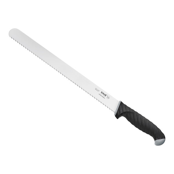 a bread knife with a black handle