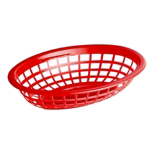 A red plastic oval fast food basket with holes.
