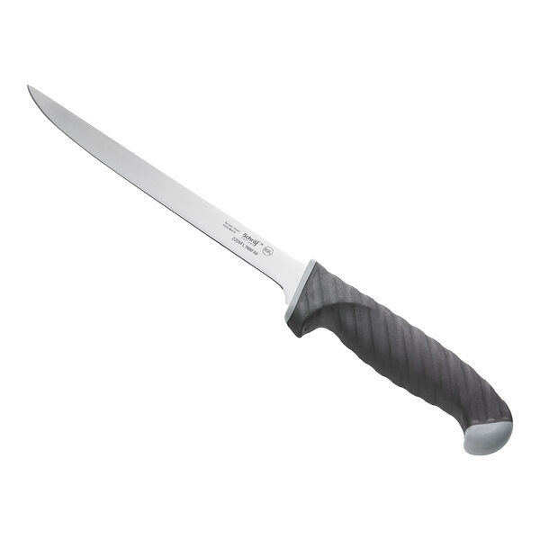 A Schraf narrow flexible fillet knife with a black handle and silver blade.