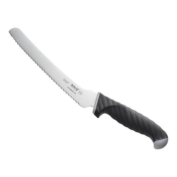 A Schraf serrated bread knife with a black handle and silver blade.
