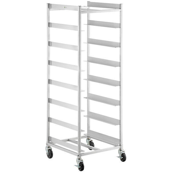 A Regency aluminum glass rack cart with 8 shelves and black wheels.