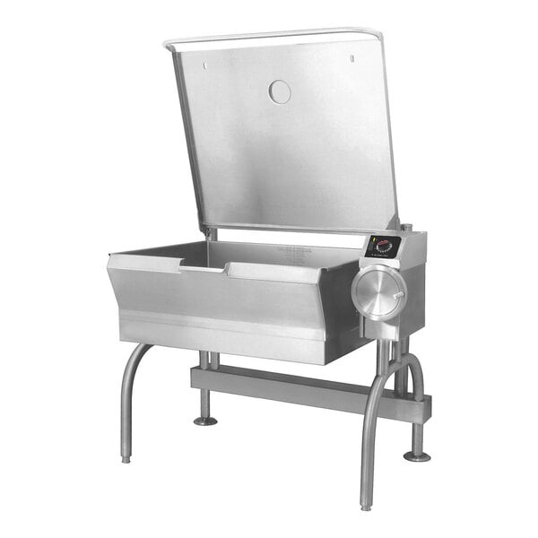A large stainless steel electric tilt skillet with an open base and a control knob, designed for commercial kitchen use.