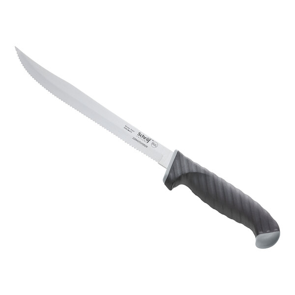 A Schraf serrated utility knife with a TPRgrip handle with a black and silver design.