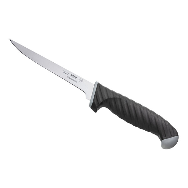 A Schraf narrow boning knife with a black handle and silver blade.
