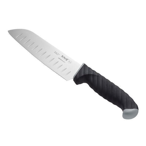 A Schraf Santoku knife with a black TPRgrip handle.