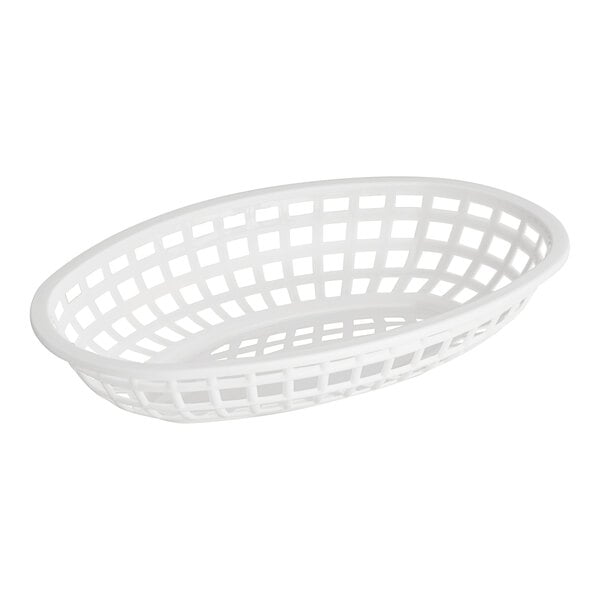 A white oval plastic fast food basket with holes.