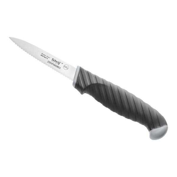 A Schraf paring knife with a black handle and silver blade.