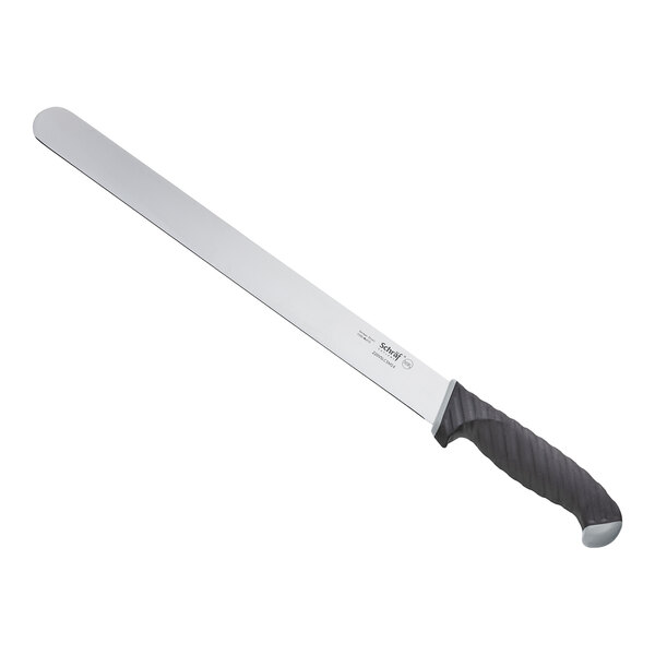 A Schraf 14" slicing knife with a black handle and silver blade.