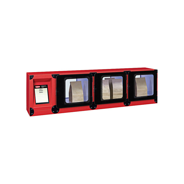 A red box with three rectangular windows with black frames.