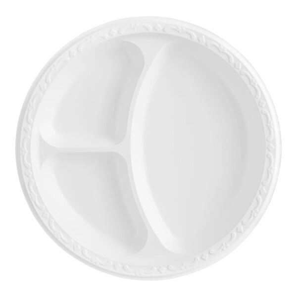 A white Ecopax plastic plate with three compartments.