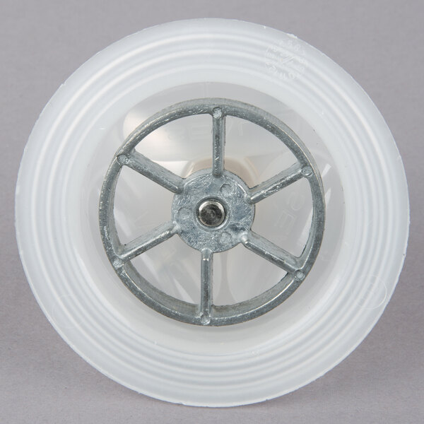A white plastic wheel with a metal rim.