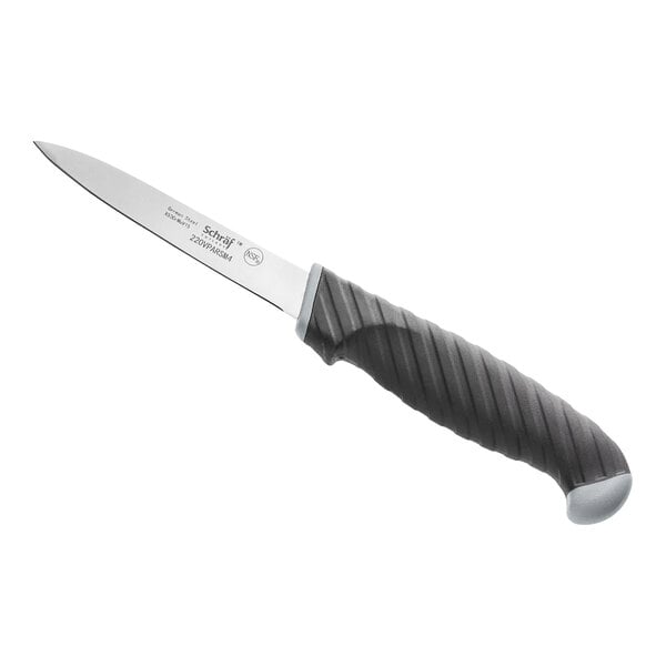 A Schraf paring knife with a black handle and silver blade.