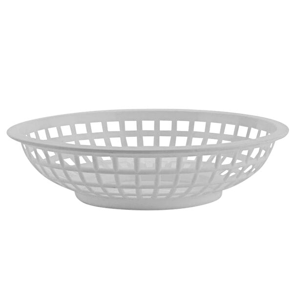 A white plastic round fast food basket with holes in it.