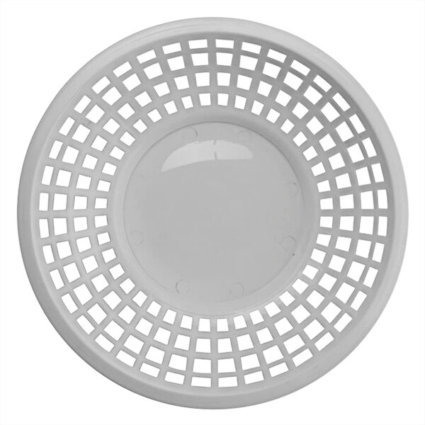 A white plastic round basket with holes.