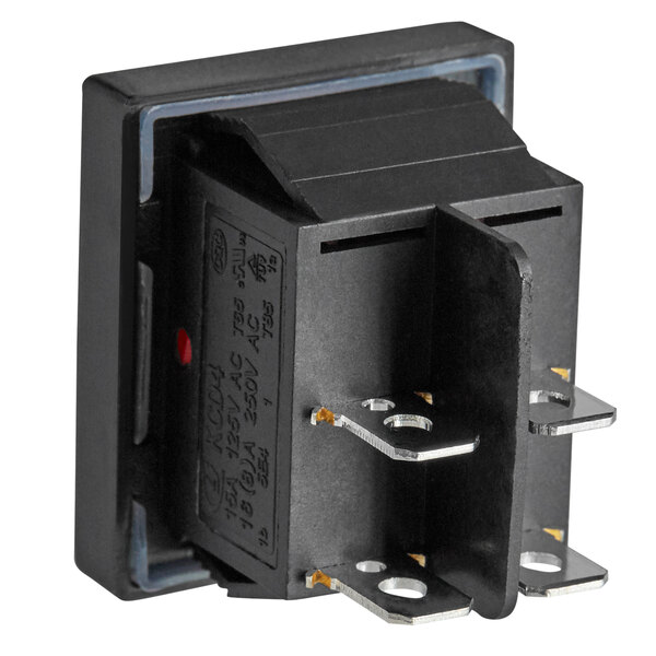 A black Avantco coffee urn switch with two wires and two terminals.