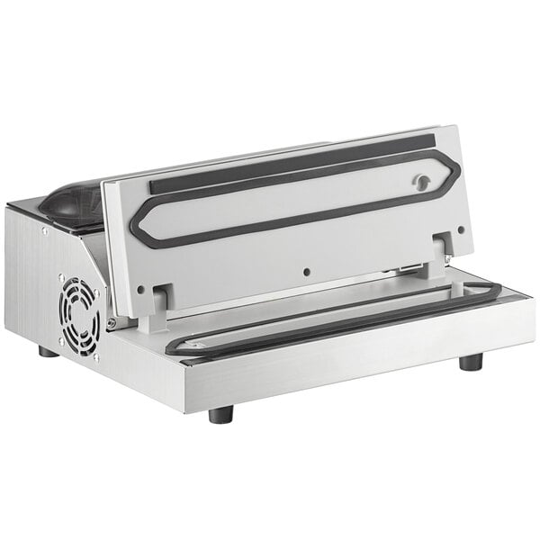 A stainless steel VacPak-It vacuum packaging machine with a lid on a counter.