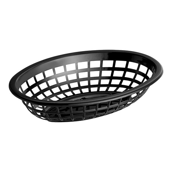 A black plastic oval fast food basket with holes.