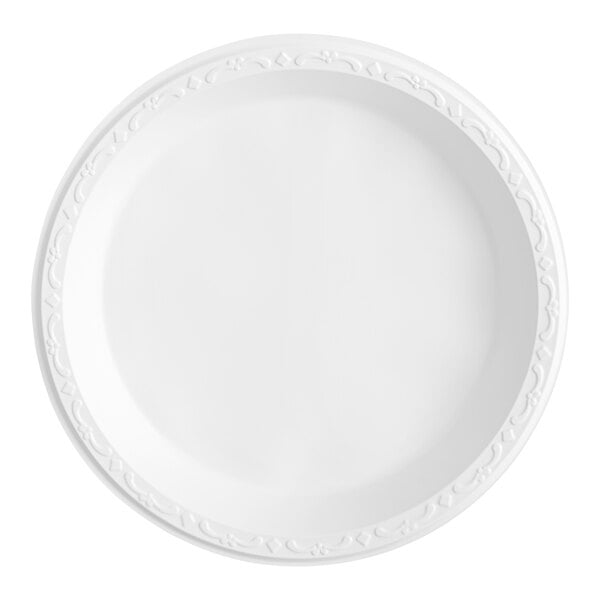 A close-up of a white Ecopax polypropylene plate with a white border.
