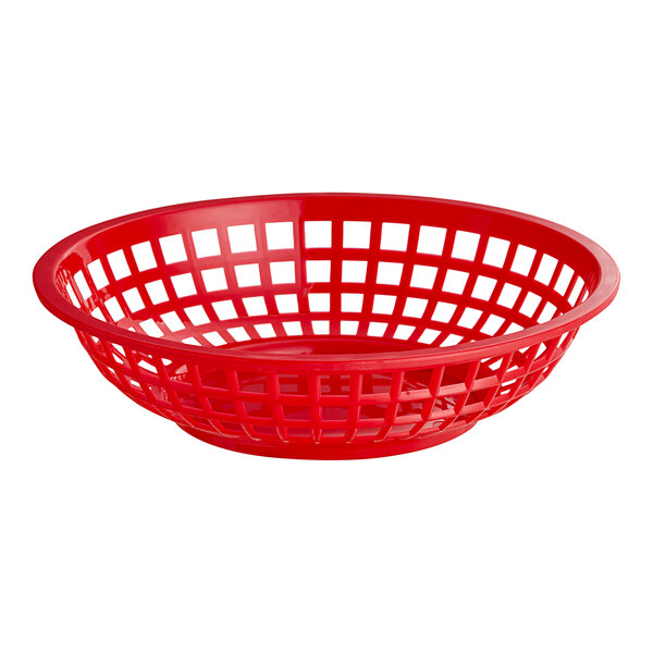 A red plastic round fast food basket with holes.