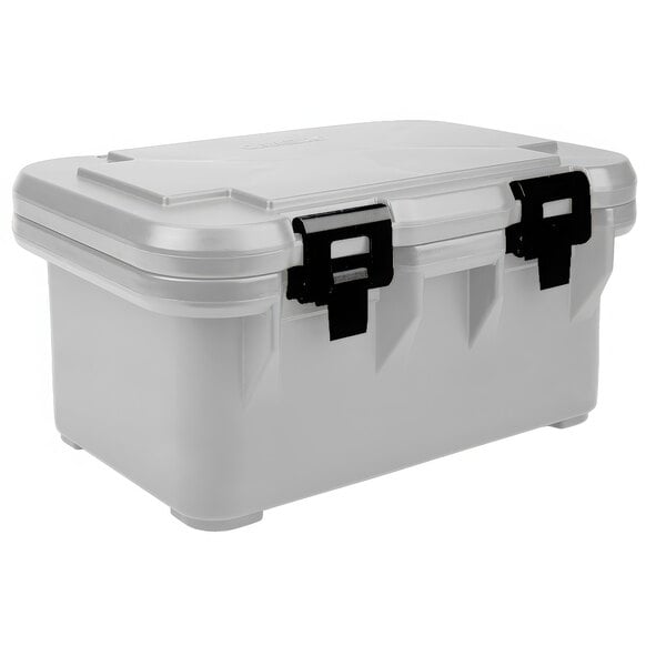 A speckled gray plastic top-loading food pan carrier with black handles.