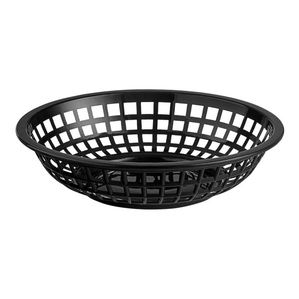 A black plastic basket with holes.