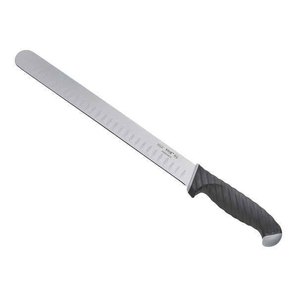 A Schraf bread knife with a black handle and silver blade.