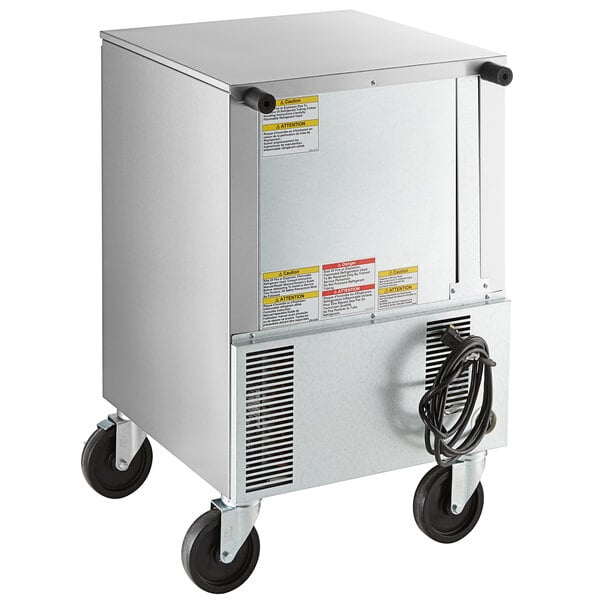 A silver Beverage-Air undercounter freezer with wheels.