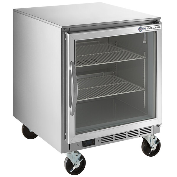 A white Beverage-Air undercounter freezer with a glass door.