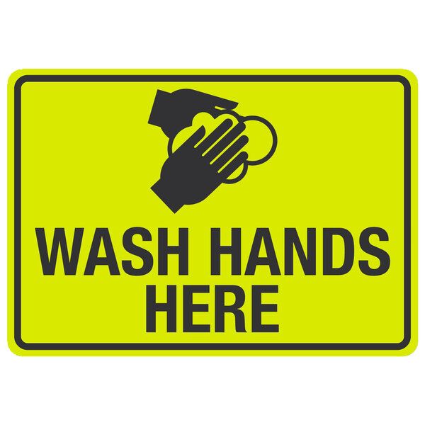 A yellow and black sign with black text and a hand washing