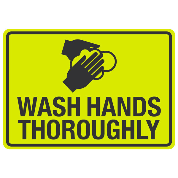 A yellow sign with black text and a hand washing symbol.