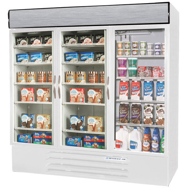 A white Beverage-Air refrigerator with various products.