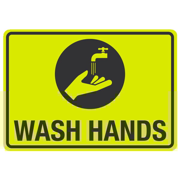 A yellow and black aluminum sign with a hand and faucet above the words "Wash Hands" in black text.
