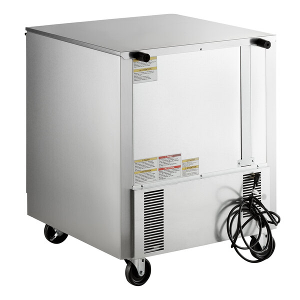 A large silver Beverage-Air undercounter refrigerator with wheels.