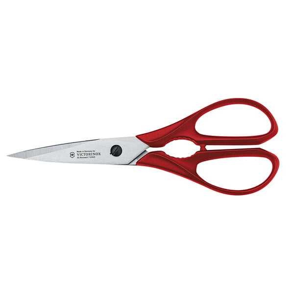 A pair of Victorinox kitchen shears with red handles and stainless steel blades.