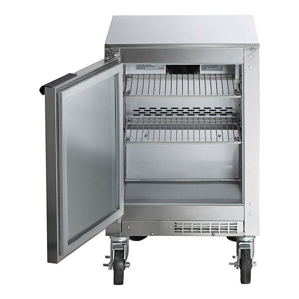 A stainless steel Beverage-Air undercounter refrigerator with a door open.