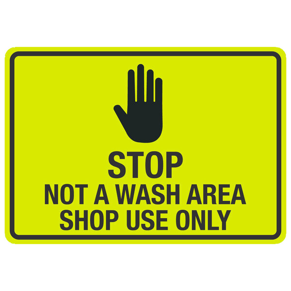 A yellow sign with black text and a symbol of a hand with a black background.