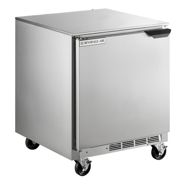 A silver Beverage-Air undercounter refrigerator on wheels with a door.