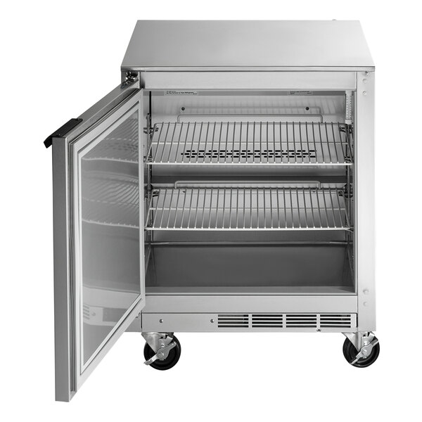 A stainless steel Beverage-Air undercounter refrigerator with a door open.
