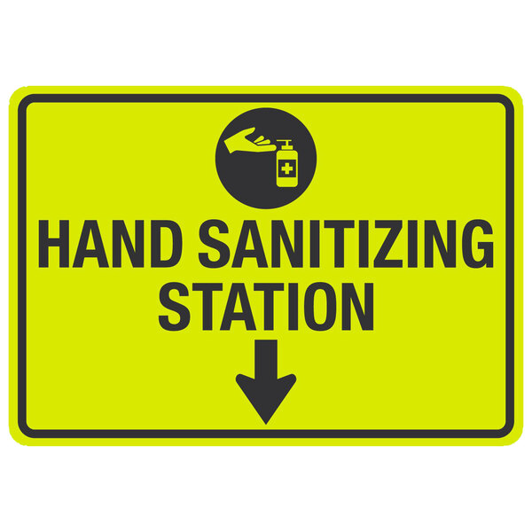 A yellow and black aluminum sign that says "Hand Sanitizing Station" with a black arrow and symbol.