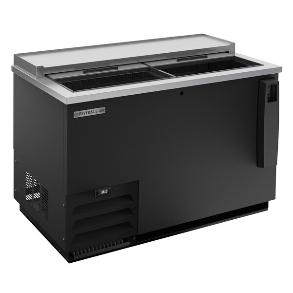 A black Beverage-Air bottle cooler with a stainless steel interior.